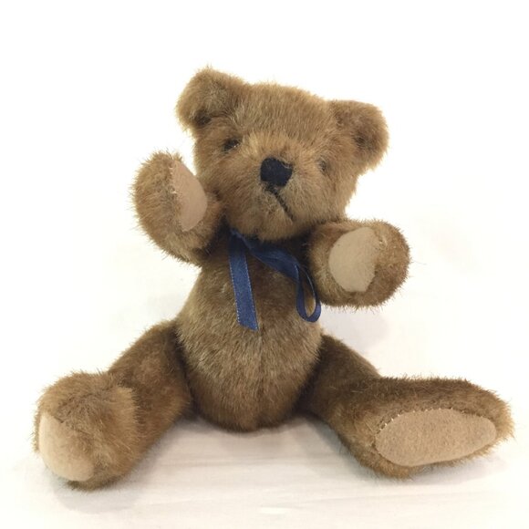 Plush Stuffed Brown Bear Jointed Limbs With Blue Ribbon 7"  Serious Expression - Picture 5 of 5